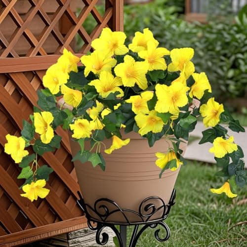 BSMYBO 2Pcs Artificial Hanging Flowers for Outdoors, Fake Outdoor Flowers Faux Petunias Silk Flowers for Outdoor planters UV Resistant for Home Garden Balcony Yard Porch Patio Decor (Yellow) - Thumbnail 2