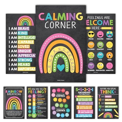 Hadley Designs Calming Corner Posters for Classroom Decor -8 Calm Down Corner Supplies Classroom Must Haves, 11x17 Feelings & Emotions Chart for Kids, Chalk Mental Health Posters for School Counselors - Image 1