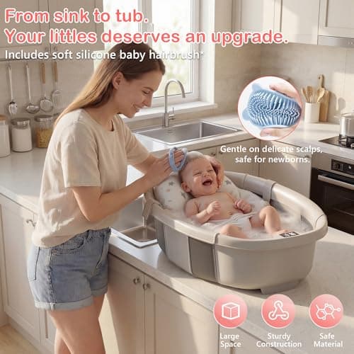 Collapsible Baby Bathtub - Large Baby Bath Tub with Thermometer | Bath Essential Bañera para Bebe Easy Fold Baby Tub | Travel Infant Newborn Toddler Bathtub for Baby Girl Boy 0 to 36 Months (Grey) - Thumbnail 4
