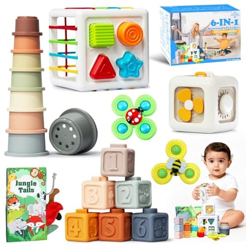 6 in 1 montessori baby toys for 6-36 months old-incl Busy Cube,stacking cups,Shape Sorting Bin,baby blocks,crinkle books, suction cups spinners,Sorting Learning Sensory Toys Gift for Babies Aged 1-3 - Image 1