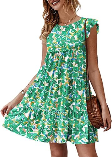 KIRUNDO Tropical Dresses for Women Summer Sleeveless Boho Floral Mini Sundress Ruffle Sleeve Round Neck Loose Short Flowy Pleated Babydoll Dress, Floral3-green, Medium - Image 1