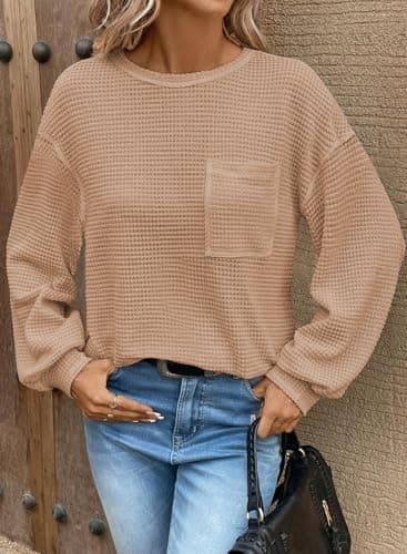 Dokotoo Womens Tops Long Sleeve Shirts for Women Blouses Sweaters 2026 Spring Outfits Fashion Women's Clothing Trendy Dressy Casual Tunic Loose Fit Tshirts Teacher Comfort Western Waffle Knit - Thumbnail 2