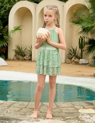 Seanrui Girls Swimsuit Size 9 10, One Piece Swim Suits for Teen Girl Bathing Suit Tankini Swimsuit Swimwear Girls Green - Thumbnail 2