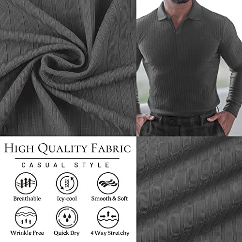 Collared Muscle Shirts for Men Ribbed Knit Slim Fit Polo Shirts Short Sleeve, Mens V Neck T Shirts Casual Stylish Dark Grey - Thumbnail 3