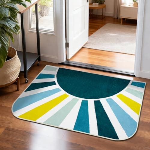 BLESWIN Bathroom Rug Mat 20x30, Soft Fluffy Rainbow Sun Bath Mats for Bathroom, Non Slip Machine Washable Bathmat for Shower Floor Tub Sink, Blue Green - Image 1