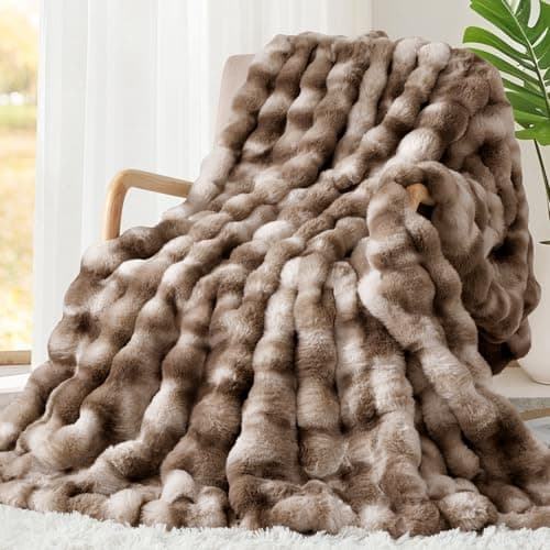 Touchat Luxury 1000GSM Faux Rabbit Fur Throw Blanket, Super Heavy Warm Cozy Brown Blankets for Couch Bed Sofa, Ruched Plush Fuzzy Elegant Soft Reversible Mink Blanket for Living Room Bedroom - Image 1