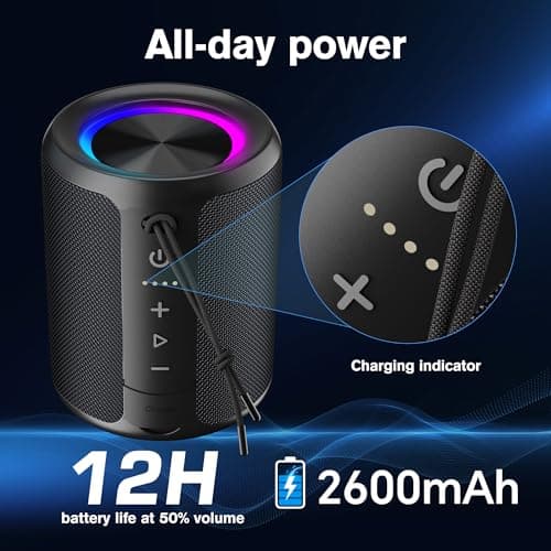 DUDGSIS Portable Bluetooth Speaker, IPX7 Waterproof Wireless Speaker with 20W Loud Stereo Sound, 15H Playtime & Beat-Synced RGB Light, Small Outdoor Speaker for Shower, Pool, Beach, Hiking and Gifts - Thumbnail 4