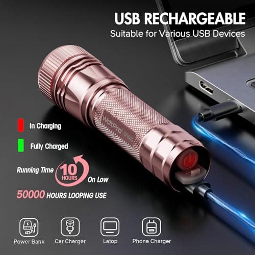WdtPro Rechargeable Flashlights High Lumens, 1 Pack 10H Long Lasting Super Bright EDC Flashlights, LED Mini Tactical Flash Lights for Camping Emergency, Drop & Water Resistant Pink(Battery Included) - Thumbnail 3