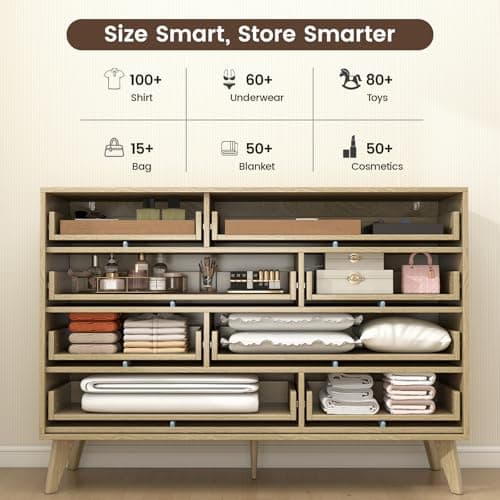 Hadulcet Wood Dressers for Bedroom 47” Wide, Large 8 Drawer Dresser TV Stand, Modern Chest of Drawers for Closet Clothes Storage Organizer with Fluted Panel, No Handles Design, Natural Oak - Thumbnail 5