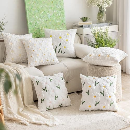 KIDHABE Spring Summer Pillow Covers 18x18 inch Set of 2, White Daisy Floral with Pink Stamen Pillow Cases, Soft Plush Faux Fur Jacquard Throw Pillows for Sofa Couch Holiday Spring Home Decor - Thumbnail 4