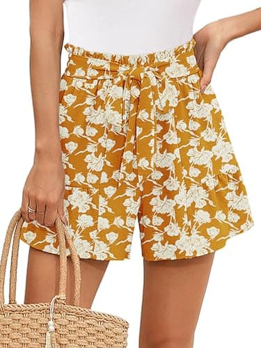 Heymoments Women's Wide Leg Shorts Lightweight White Flower Yellow Small High Waisted Flowy Adjustable Tie Knot Loose Fit Summer Cute Trousers - Image 1
