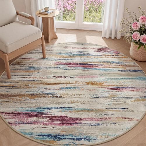 tchdio Round Rug 5FT Colorful Modern Abstract Circle Rug for Bedroom Non Slip Soft Circular Rug Carpet Washable Round Area Rug, Multi Color, 5FT - Image 1