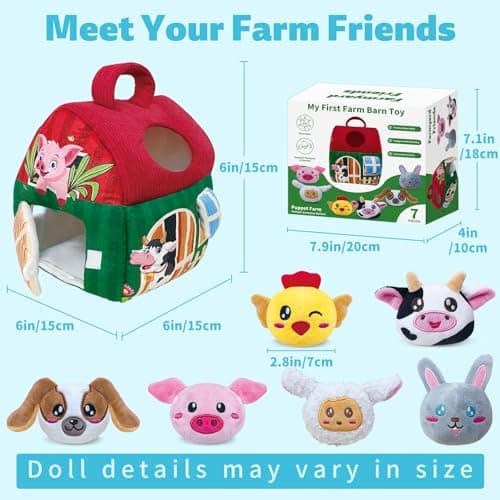 Elfew Farm Animal Baby Toys 6-12 Months, with 6 Small Plush Stuffed Farm Animals(Squeeze & Shake), Soft Toy for Toddlers, Montessori Toys for Babies 6-12 Months, Baby Easter Basket Stuffers - Thumbnail 4