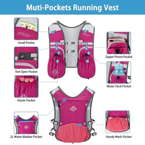Waterproof Running Hydration Vest for Women - Adjustable Running Water Vest with 12 Pockets, Lightweight Hydration Pack Water Backpack for Hiking Trail Cycling Marathon Race, Pink - Thumbnail 2