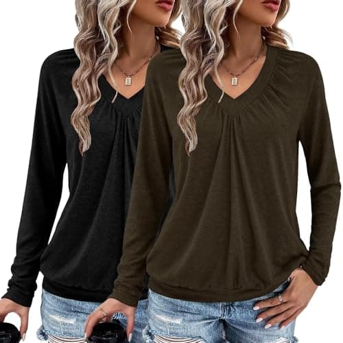 AIZHINENG 2 Pack Women Tops Long Sleeve Shirts V Neck Loose Fit Soft Casual Solid Color T-Shirts Fall Clothing (US, Alpha, Medium, Regular, Regular, Black+Brown) - Image 1