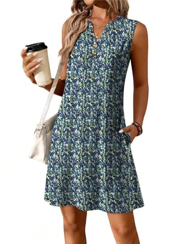 ATHMILE Summer Dresses for Women 2026 Beach Vacation Clothes V Neck Henley Button Holiday Sundresses Pockets Date Outfits Blue Flowers - Image 1