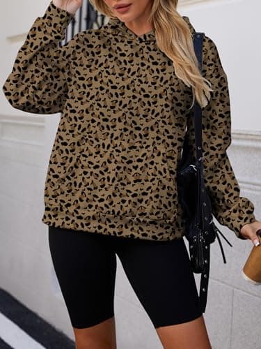 Bellcoco Womens Camo Hoodies Maple Leaf Print Fleece Sweatshirt Long Sleeve Pullover Tops Hooded Fall Winter Clothes Leopard S - Thumbnail 5