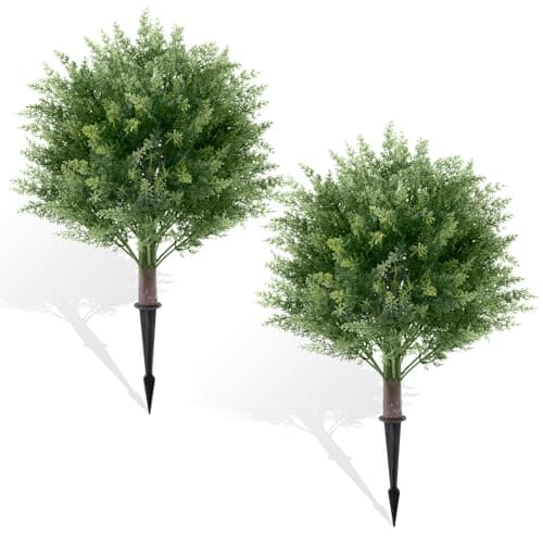 Topotdor 23.6" Cypress Topiary Trees Artificial Outdoor Faux Plants, 2 Pack Boxwood Ball Tree UV Resistant Fake Shrubs Bushes with Spike for Indoor Outside Front Porch Home Garden Decor - Image 1