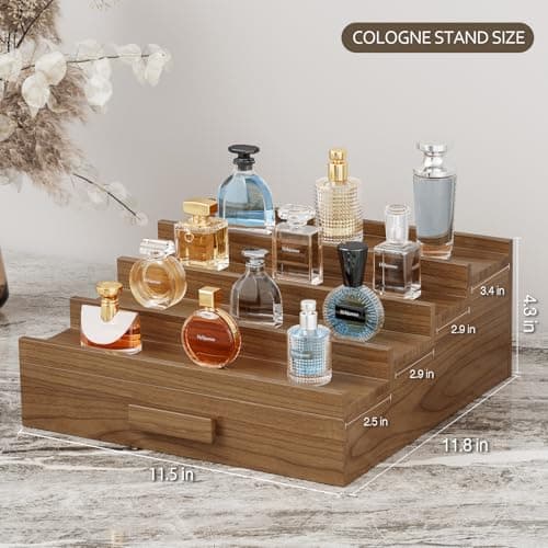 Hrbjunuo Solid Walnut Cologne Organizer for Men,4 Tier Cologne Stand,Wooden Cologne Holder Display Shelf with Drawer Storage and Hidden Compartment,Perfume Stand Organizer,Gift for Men Dad Husband - Thumbnail 3