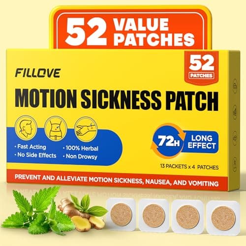 FILLOVE 52ct Motion Sickness Patches Non-Drowsy, 72H Lasting Sea Sickness Patches Cruise Essentials 2026, 100% Natural Motion Sickness Patch Travel Essentials for Car Airplane Ship Altitude Sickness - Image 1