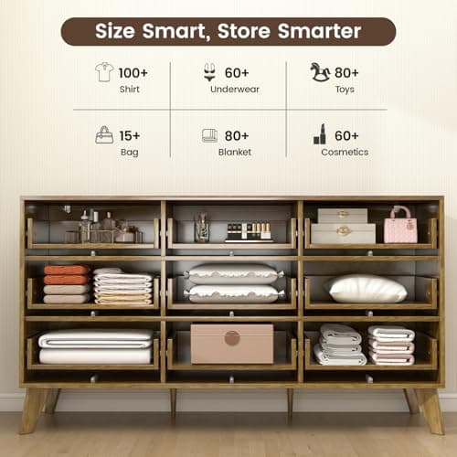 Hadulcet Wooden Dresser for Bedroom, 55” Wide Mid Century Modern Fluted 9 Drawers Dresser Storage Clothes for Closet Organizer, Handleless Design, Push to Open, Dark Wood - Thumbnail 5