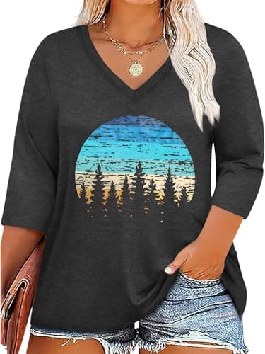 Chulianyouhuo Plus Size Tops Women 3/4 Sleeve Hiking Camping Graphic Shirt V Neck Funny Sunset Tree Print Oversized Tees 2026 - Image 1