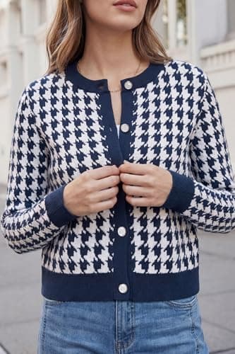 Arach&Cloz 100% Cotton Cropped Cardigans for Women Spring Fashion Lightweight Crewneck Button Down Long Sleeves Sweater Plaid Knit Tops Cute Professional Business Casual Outfits 2026 Navy Blue XL - Thumbnail 3