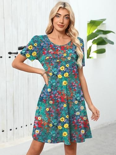Heymoments Women's Short Sleeve Dress Floral Print XX-Large Plus Size Crewneck Casual Flowy Above Knee Length Sundress Comfortable Shirt Work Summer Cheap Dresses with Pockets - Thumbnail 5