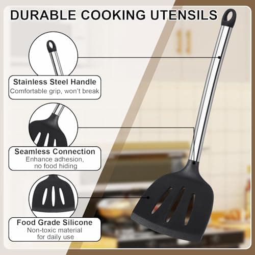 Silicone Cooking Utensils Set, Vayvnt 8 PCS Kitchen Utensils Set with Stainless Steel Handle, Heat Resistant Kitchen Tools for Nonstick Cookware, Large Spatula Spoons Turner, Dishwasher Safe, Black - Thumbnail 3