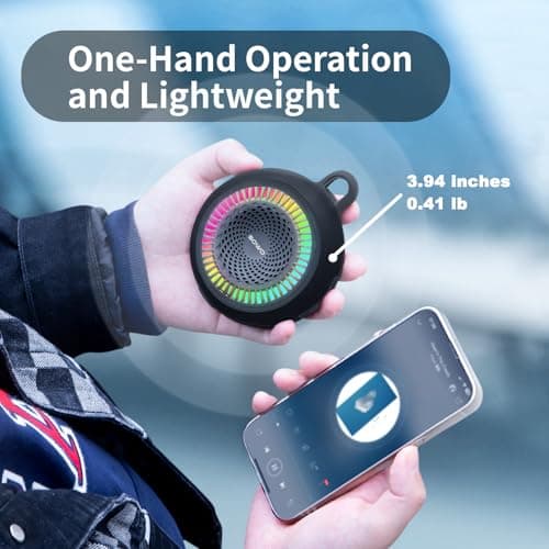 SOWO Shower Speaker Bluetooth Waterproof | Small Portable Wireless Bluetooth Speaker with Clip | Powerful Bass and Louder Volume | Colorful Lights and Lightweight | for Bathroom,Travel,Beach | Black - Thumbnail 4