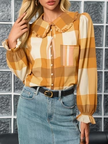 Tankaneo Womens Peter Pan Collar Button Down Shirts Long Sleeve Plaid Blouse Dressy Casual Fall Tops Yellow - Thumbnail 2