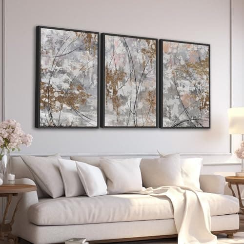Large Framed Abstract Wall Art - Rustic Black Line Painting Prints 16"x24" Each, Set of 3 Modern Gray Brown Canvas Pictures Contemporary Geometric Artwork for Living Room Bedroom Home Office Decor - Image 1