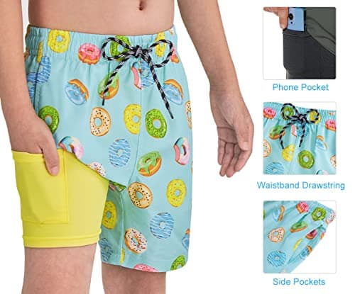 Cozople Boys Swimming Trunks with Boxer Brief Liner Donut Graphic Compression Bathing Suit for Teens Summer UPF50+ Quick Dry Swim Beach Board Shorts Size 10 - Thumbnail 4