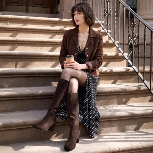 Athlefit Knee High Boots Women Chunky Block Heel Tall Boots Brown Suede 8.5 - Thumbnail 2