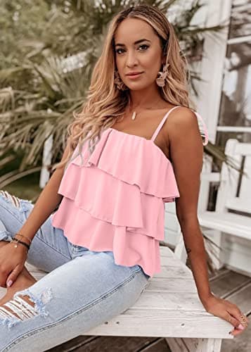 KIRUNDO Spaghetti Strap Ruffle Babydoll Peplum Tank Tops for Women 2026 Summer Cute Flowy Beach Vacation Cruise Outfits(Pink, Medium) - Thumbnail 5