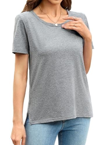 Herou Women Casual Summer Short Sleeve Tops High Low Hem T-Shirts Tees with Side Split (Grey, Medium) - Image 1