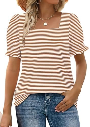 WIHOLL Blouses for Women Dressy Casual Short Puff Sleeve Square Neck Shirts Business Clothes Camarel Stripe 2XL - Image 1