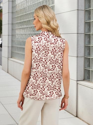 Funlingo Silk Satin Tank Tops for Women Sleeveless Floral Camisole Blouse Dressy Casual Work Shirt Summer Business Casual Outfits Beige Red 2XL - Thumbnail 4