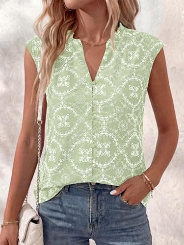 BTFBM Womens Summer Tops Dressy Casual 2026 Floral Eyelet Sleeveless Button Down Shirts Boho Beach Vacation Outfits(Light Green, Small) - Thumbnail 2