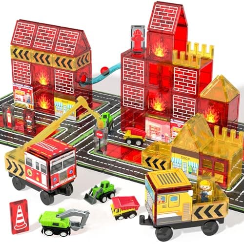 Magnetic Tiles for Kid, 56PCS Construction Magnet Tiles with Fire Truck & Station, Building, Road, Crane, and Car Truck - STEM Magnetic Blocks for Kids Ages 4-8, Toys for 4+ Year Old Boys Gifts - Image 1