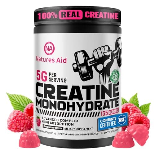 Natures Aid NSF Certified Creatine Gummy 5g - Creatine Monohydrate Gummies – Pre-Workout Energy & Muscle Growth Support for Men & Women | Raspberry Electrolyte Gummies (135 Count) - Image 1