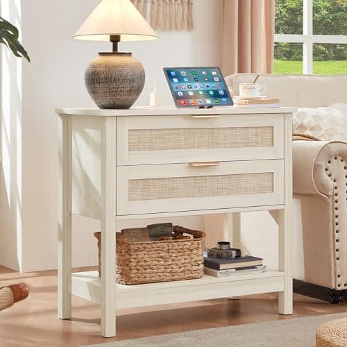 LEYAOYAO 31.5" Wide Rattan Night Stand with Charger Station, Oversized Large Boho Nightstand with 2 Drawer, Grey White Bed Side End Tables, Tall Bedside Table for Bedroom Living Room, Hallway - Image 1