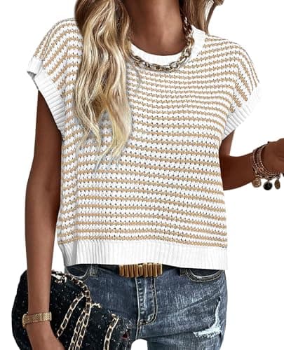 PRETTYGARDEN Womens Short Sleeve Sweater Spring Summer 2026 Round Neck Striped Pullover Cap Sleeve Knit Sweater Vest Tops(Apricot,Large) - Image 1
