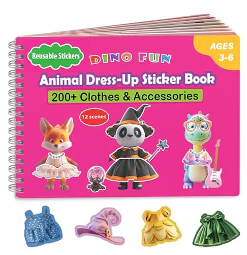 Dino Fun Animal Dress-up Sticker Book for Kids, Reusable Sticker Book for Toddlers 2-4 Years,12 Animals+Over 200 Cloths & Accessories,Sticker Dress up - Removable Sticker Activity Book for Girls - Image 1