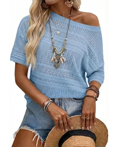 Arach&Cloz Womens 2026 Spring Summer Linen Blend Crochet Tops Beach Casual Short Sleeve Sweater Pullover Shirts Boho Resort Wear Vacation Cruise Outfits Lightweight Trendy Fashion Blue M - Image 1