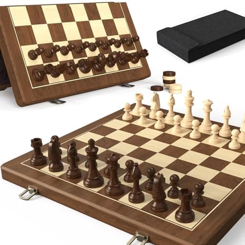 Premium Natural Walnut 15" Magnetic Wooden Folding Chess & Checkers Set- 2 in 1 Board Game with 3" King Staunton Pieces and 2 Extra Queens, Checkers, and Dust-Proof Storage Bag (Black) - Image 1