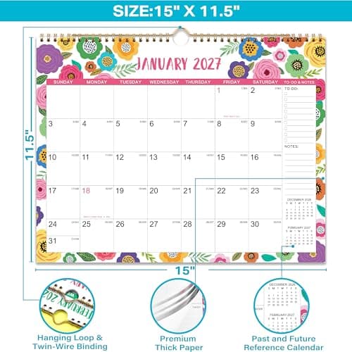 2026-2027 Wall Calendar - Wall Calendar 2026-2027, 15" x 11.5", JUL.2026 -DEC.2027, 18 Monthly Calendar 26-27, Hanging Hook - Clorful Floral - Thumbnail 4