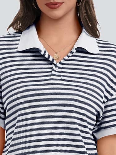 Casly Lamiit 2 Piece Outfits for Women Striped Drawstring Short Sets Casual Short Sleeve Tops 2026 Summer Travel Airport Lounge Set Sweatsuit Navy White 2XL - Thumbnail 5