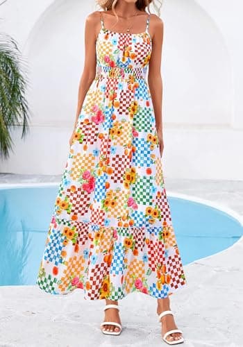 BTFBM Summer Dresses for Women 2026 Sundresses Sleeveless Spaghetti Strap Boho Beach Vacation Outfits Spring Maxi Dress(Floral Plaid Multicolored, X-Large) - Thumbnail 4