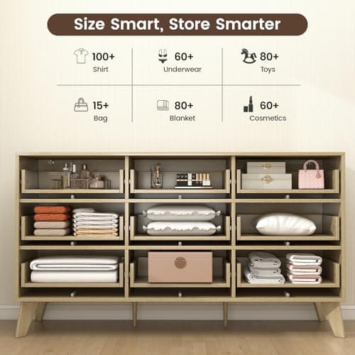 Hadulcet Wooden Dresser for Bedroom, Mid Century Modern 55” Wide Fluted 9 Drawers Dresser Storage Clothes for Closet Organizer, Handleless Design, Push to Open, Natural Oak - Thumbnail 5